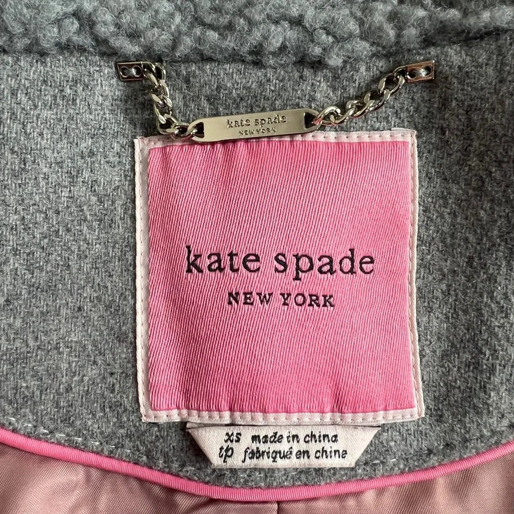 Kate Spade Grey Wool Blend Coat Sherpa Trim Collar Trench Jacket K21765Y Size XS